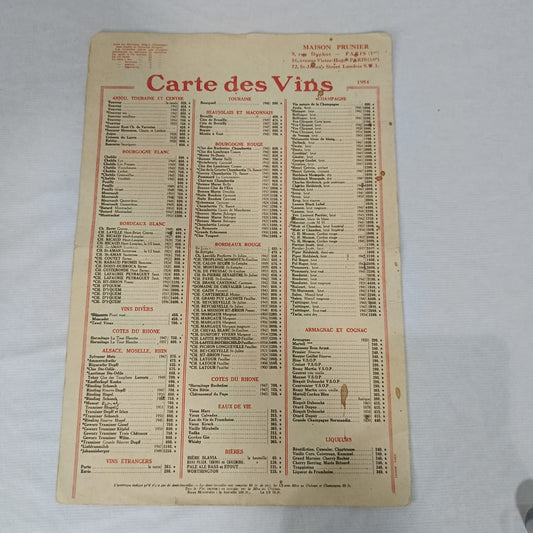 Carte des vins vintage original