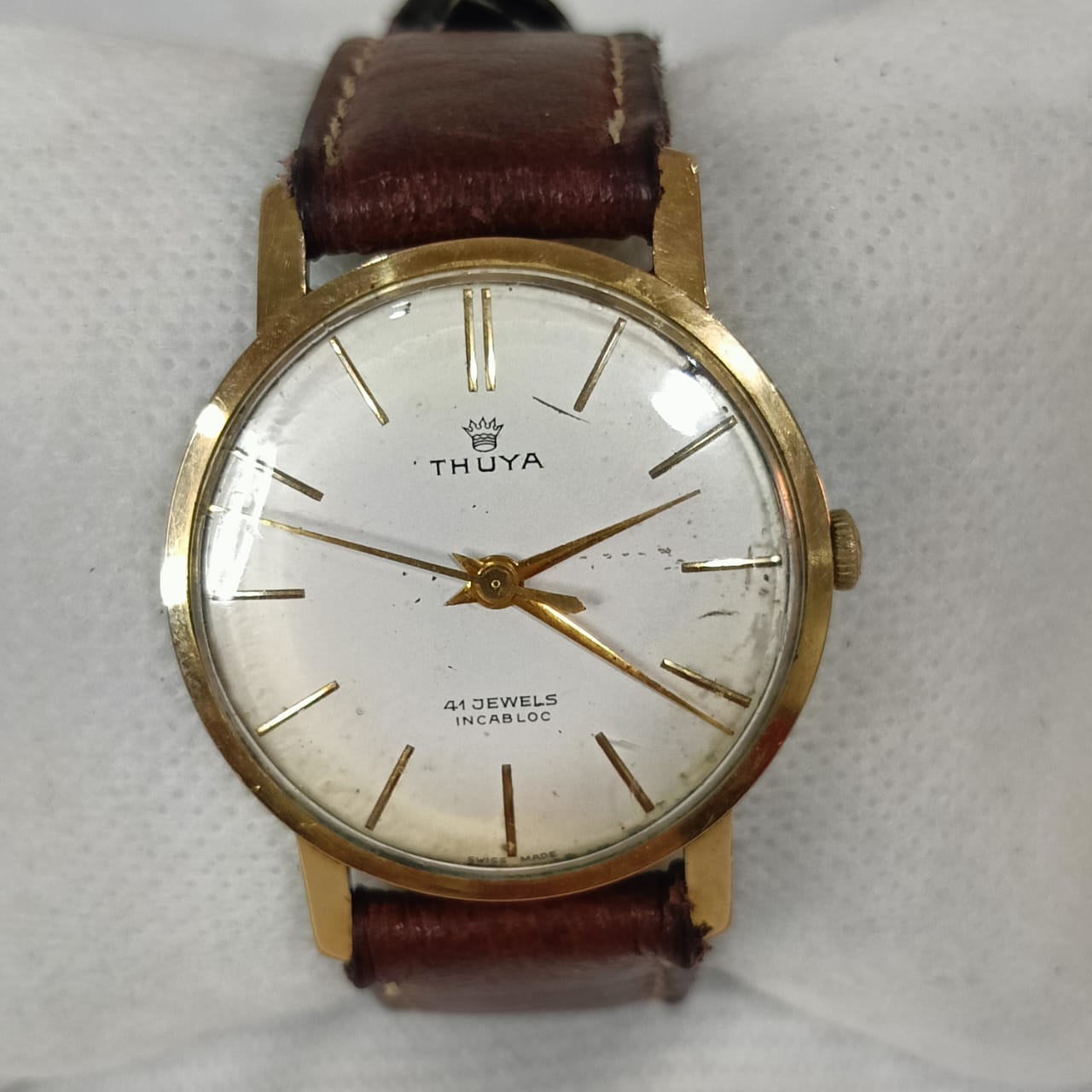 Montre thuya mécanique en plaqué or 20g vintage original