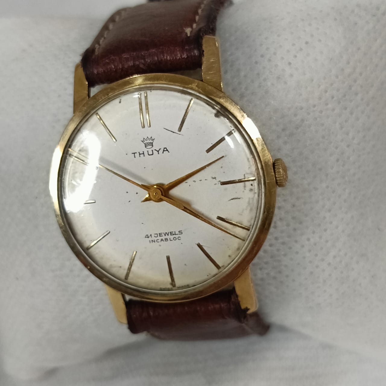 Montre thuya mécanique en plaqué or 20g vintage original