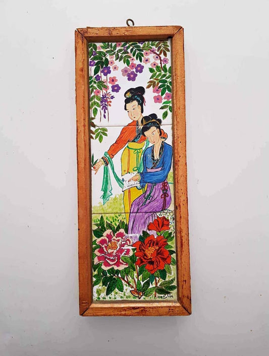 Ancien tableau original signé sur faince 35cm